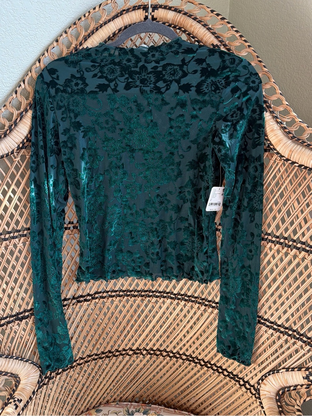 Free People Deep Emerald Floral Burnout Velvet Long Sleeve Top
